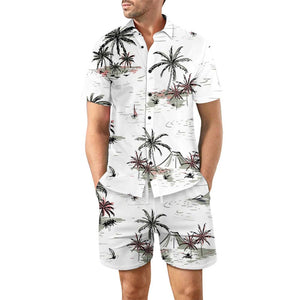 Men'S 2 Piece Summer Beach Vacation Outfits Lightweight Casual Tropical Print Short Sleeve Button down Hawaiian Shirt and Shorts Holiday Matching Set