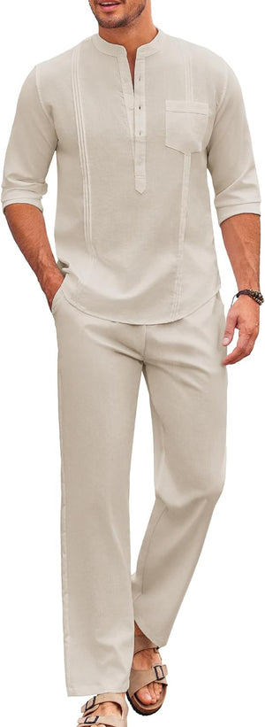 Men's 2 Piece Cotton Linen Long Sleeve Pants Sets 