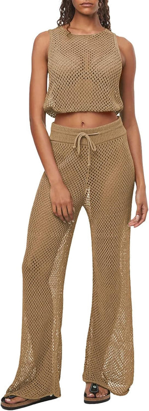 Women's Crochet Swimsuit Cover up Pants Set 