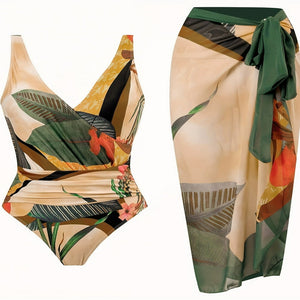 Tropical Print One Piece Swimsuit with Cover up Beach Skirt 