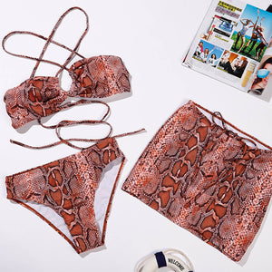 Snake Print 3 Piece Bikini Skirt Set