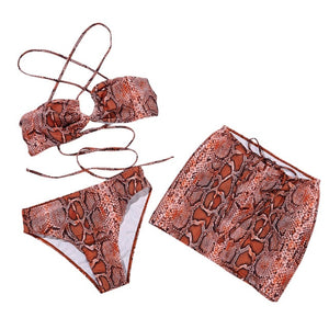 Snake Print 3 Piece Bikini Skirt Set